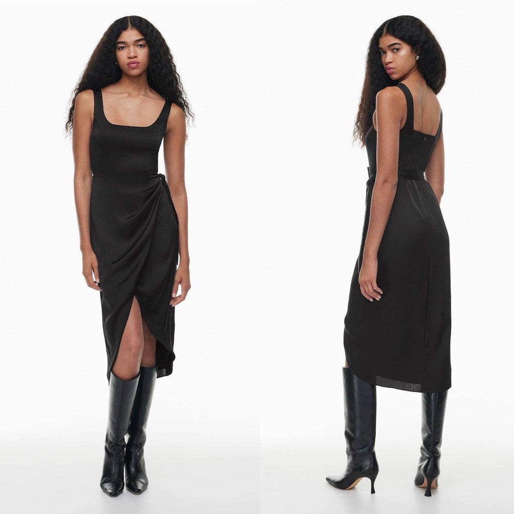Wilfred Saturn Satin Black LBD Midi Tie Wrap Dress Hi Lo Hem Chic Minimalist 4